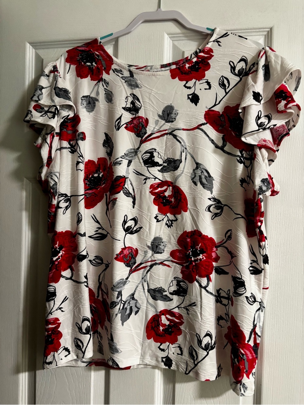 Women’s Cream Floral Ruffle Sleeve Blouse with Red Blooms